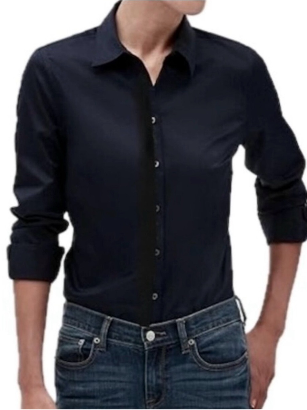 Banana Republic Women's Black Fitted Button-Down Shirt - Petite 2P